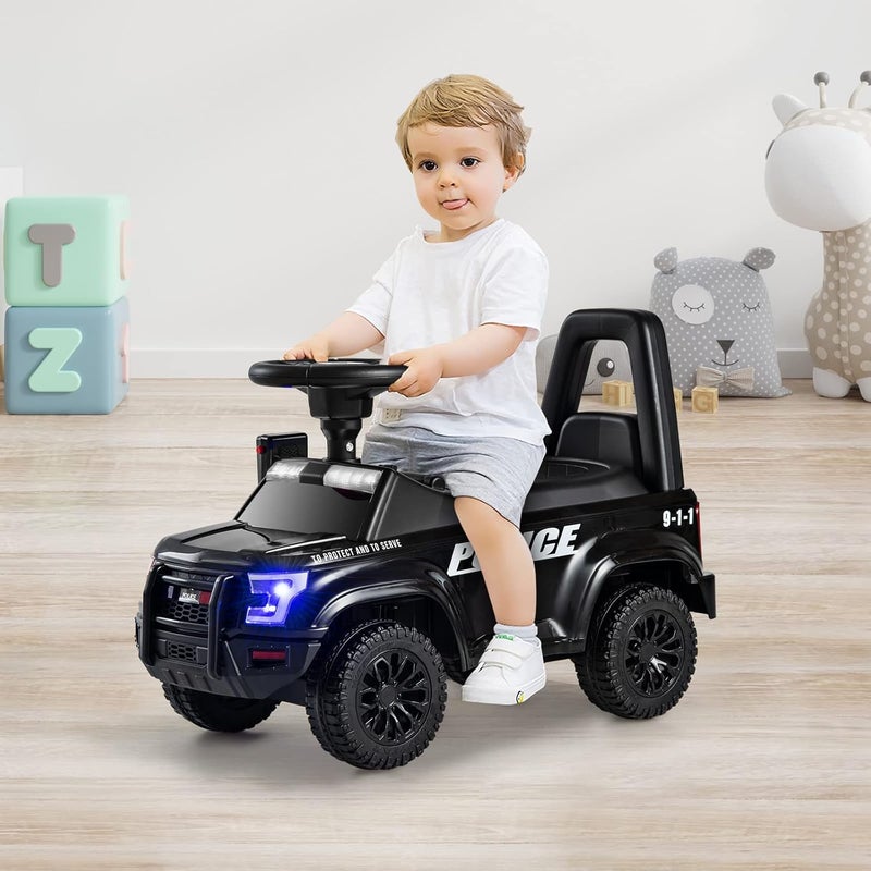 Olakids Ride On Push Police Car, Toddler Foot-to-Floor Sliding Toy with Siren, Steering Wheel, Megaphone, Horn, Headlights, Under Seat Storage, Kids Racer Walking Gift for Boys Girls 1-3 (Black) - Image 2